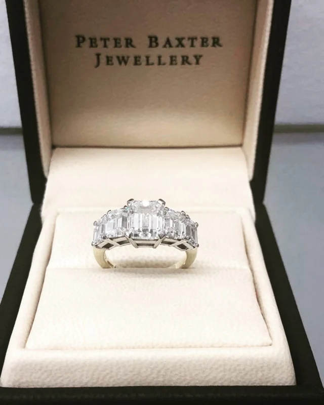 Emerald cut diamond 5 stone, with 3 carat centre stone, 1 carat and 0.70pts either side. 
#handmadejewelry #bespoke #diamonds #ring #engagementring #5carat #emeraldcutdiamond #london