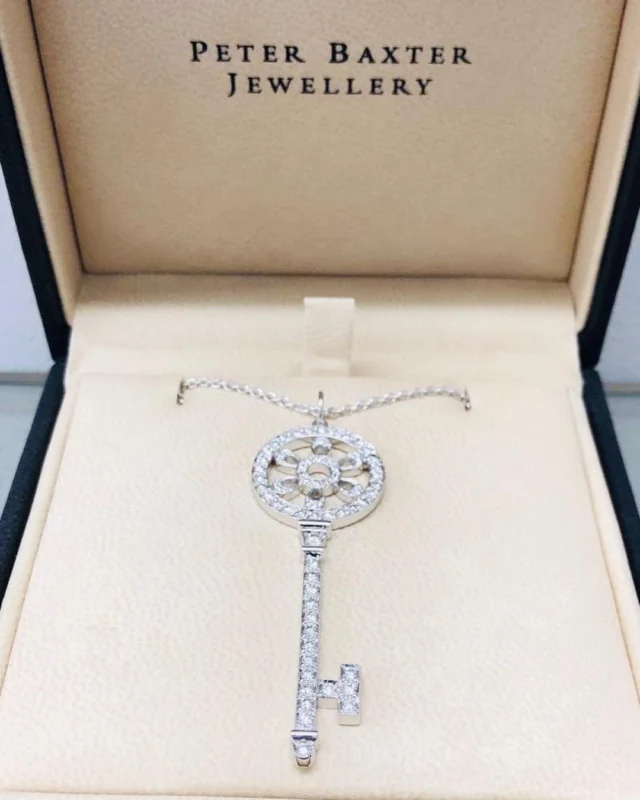 A large diamond set key in platinum measuring 2.5 inches in length
#bespoke #london #diamonds #keynecklace  #platimum #handmadejewellery